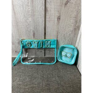 Swim Themed Clear Aqua Cosmetic & Accessory Bag Set With Wristlet